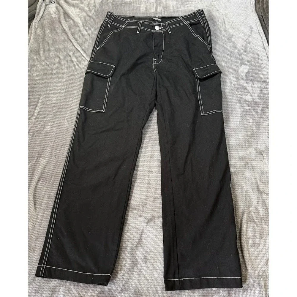 True Religion Mens Cargo Pants Black White Contrast Stitch Relaxed Fit 34X30